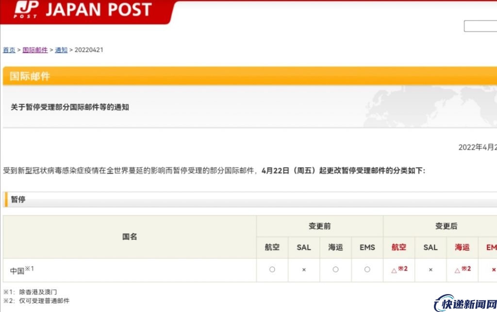日本邮政明起暂停发往中国的EMS及包裹邮寄服务
