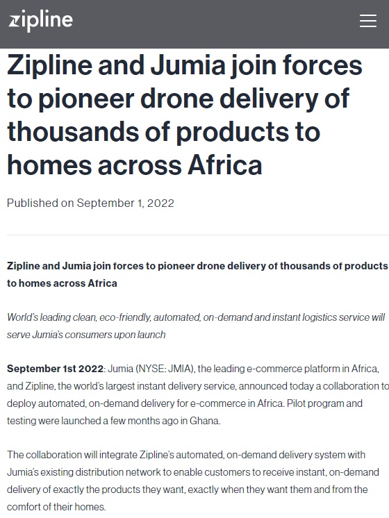 非洲电商Jumia与Zipline合作 在加纳推出无人机包裹递送服务