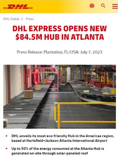 DHL快递耗资8450万美元在亚特兰大开设新枢纽