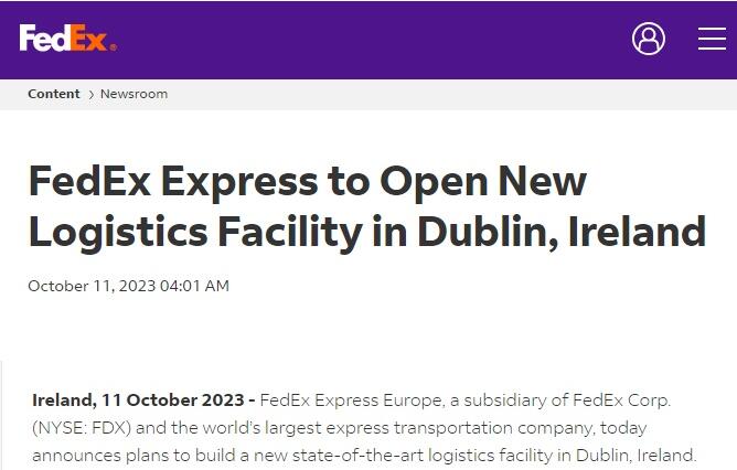 联邦快递将在爱尔兰都柏林开设新物流设施