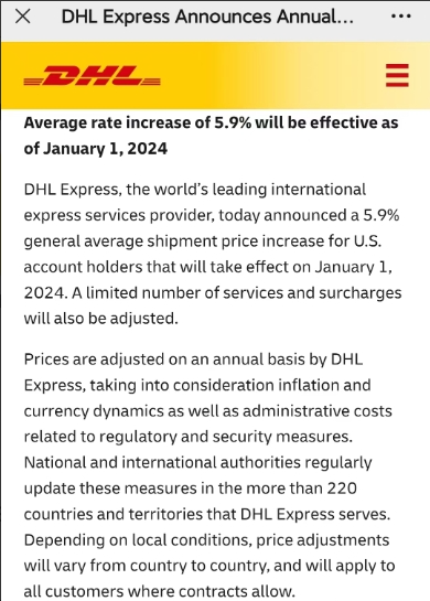 DHL快递宣布上调5.9%运费