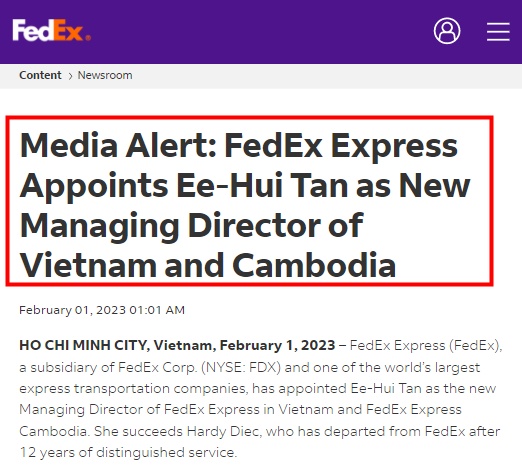 联邦快递任命Ee Hui Tan为越南和柬埔寨新任董事总经理