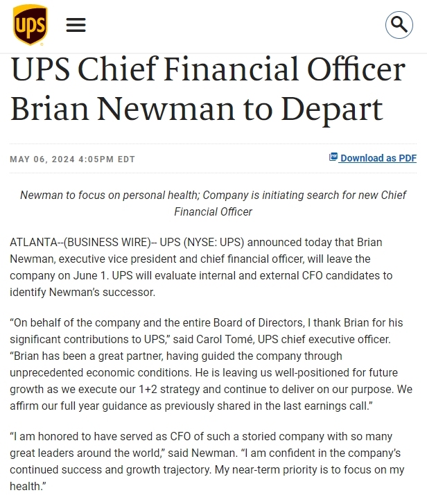 UPS首席财务官将于6月1日离职